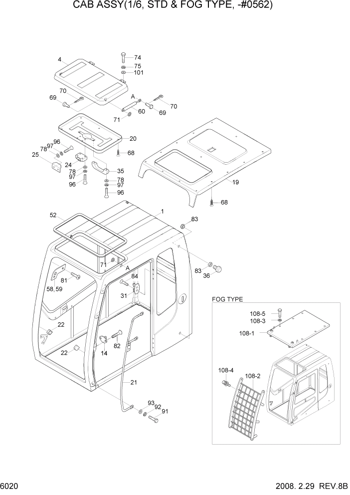 Схема запчастей Hyundai R290LC7A - PAGE 6020 CAB ASSY(1/6, STD & FOG TYPE, -#0562) СТРУКТУРА