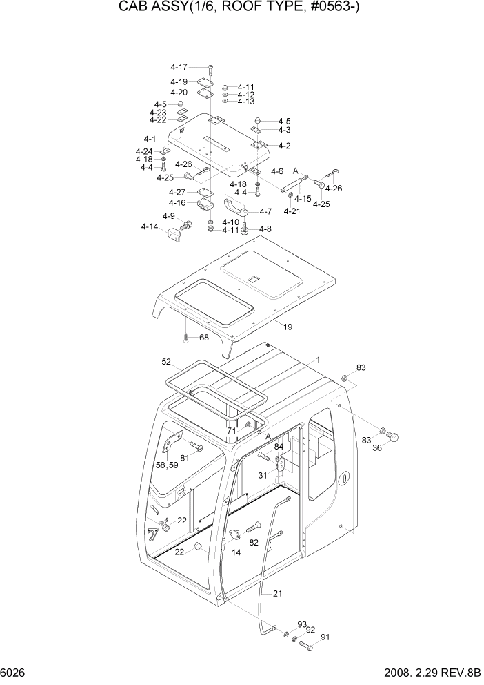 Схема запчастей Hyundai R290LC7A - PAGE 6026 CAB ASSY(1/6, ROOF TYPE, #0563-) СТРУКТУРА