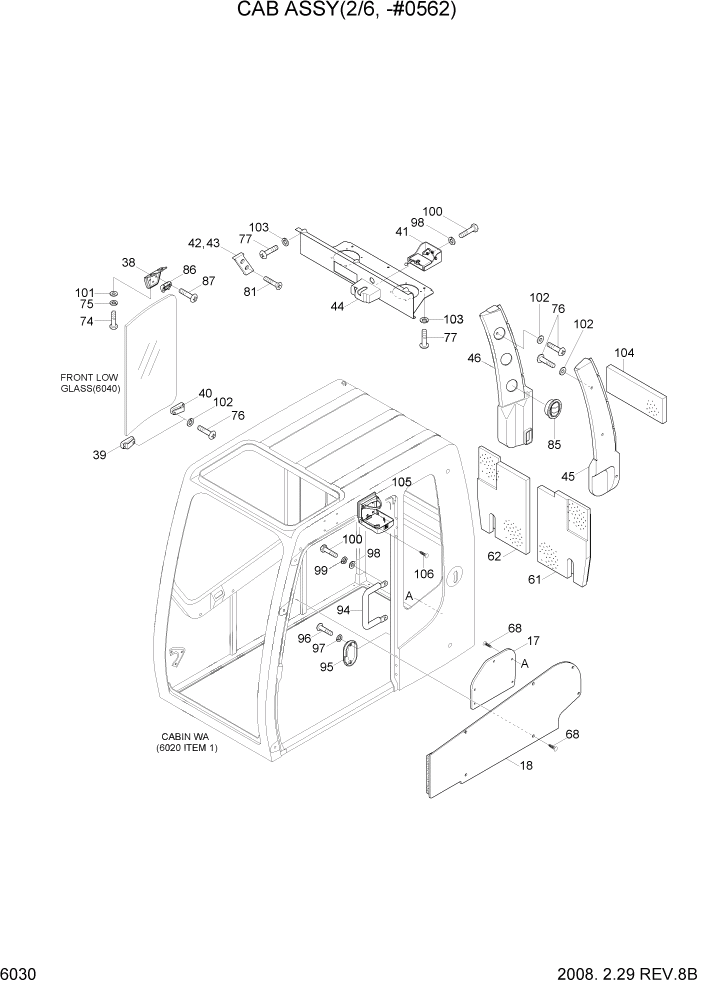 Схема запчастей Hyundai R290LC7A - PAGE 6030 CAB ASSY(2/6, -#0562) СТРУКТУРА