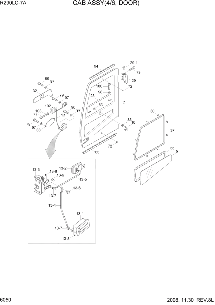 Схема запчастей Hyundai R290LC7A - PAGE 6050 CAB ASSY(4/6, DOOR) СТРУКТУРА
