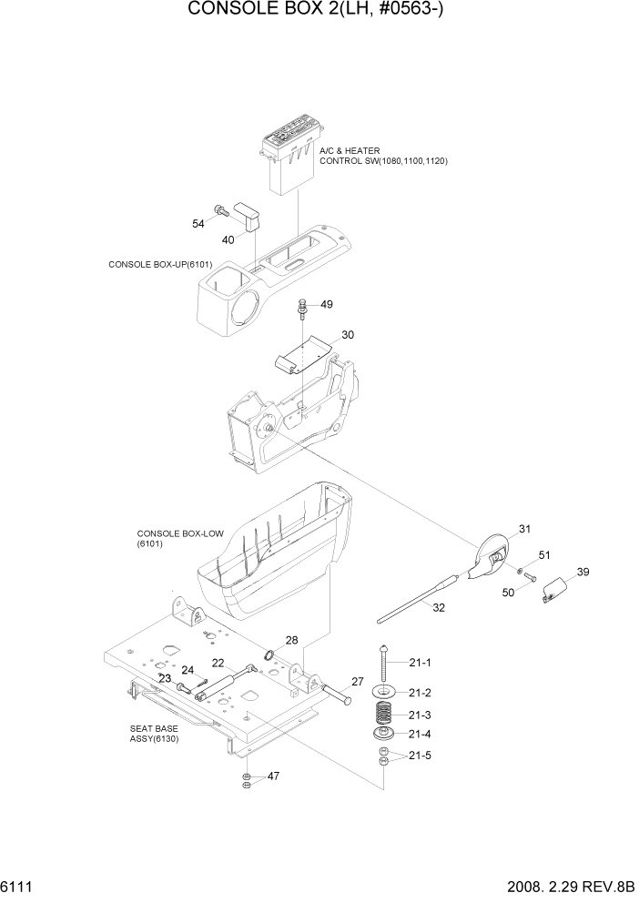 Схема запчастей Hyundai R290LC7A - PAGE 6111 CONSOLE BOX 2(LH, #0563-) СТРУКТУРА