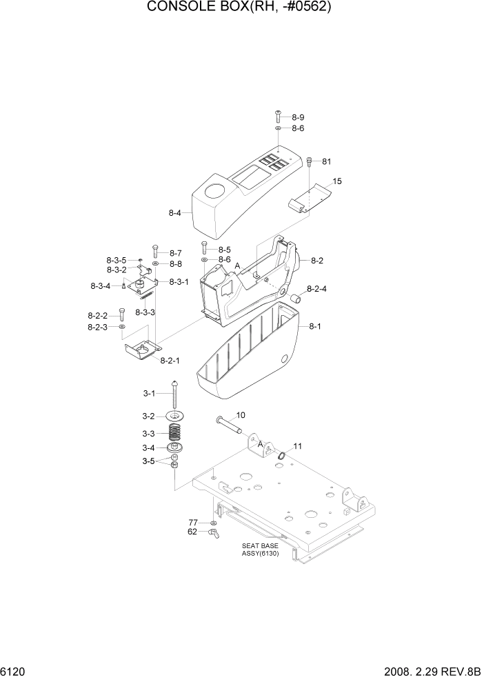 Схема запчастей Hyundai R290LC7A - PAGE 6120 CONSOLE BOX(RH, -#0562) СТРУКТУРА