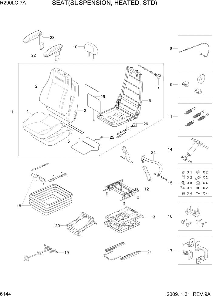 Схема запчастей Hyundai R290LC7A - PAGE 6144 SEAT(SUSPENSION, HEATED, STD) СТРУКТУРА