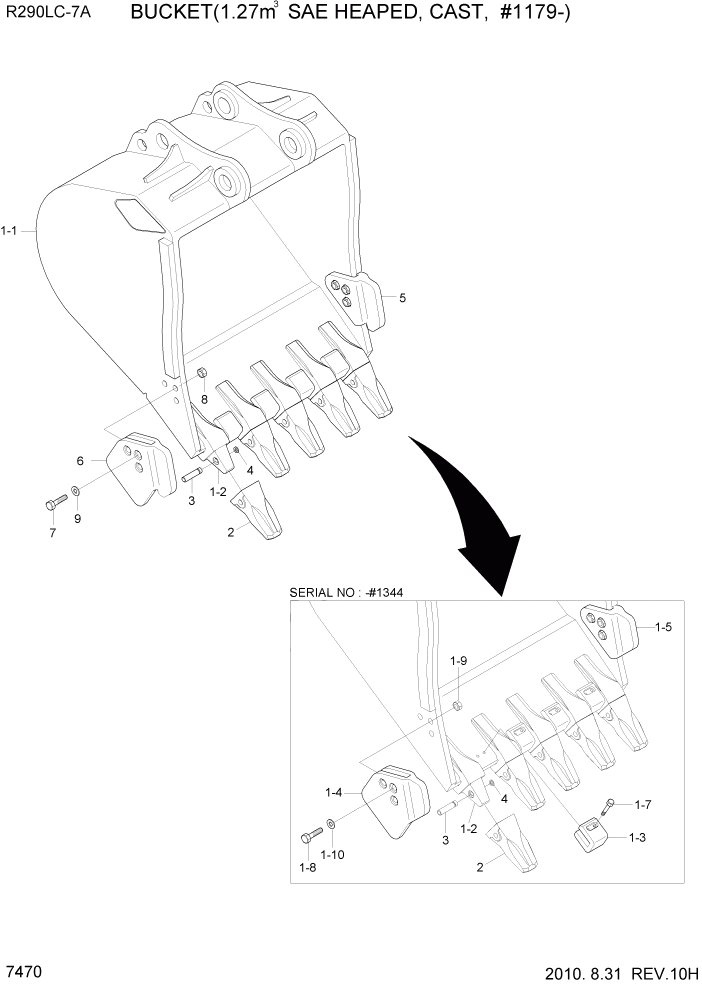 Схема запчастей Hyundai R290LC7A - PAGE 7470 BUCKET(1.27M3 SAE HEAPED, CAST, #1179-) РАБОЧЕЕ ОБОРУДОВАНИЕ