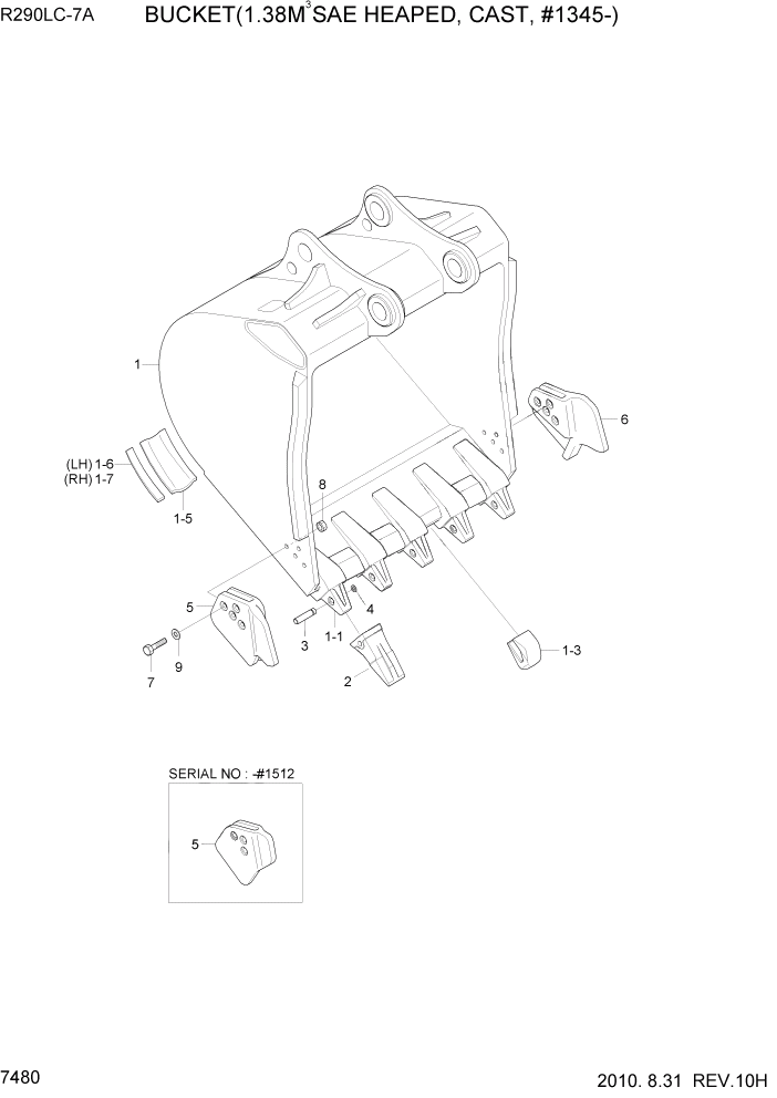 Схема запчастей Hyundai R290LC7A - PAGE 7480 BUCKET(1.27M3 SAE HEAPED, CAST, #1345-) РАБОЧЕЕ ОБОРУДОВАНИЕ