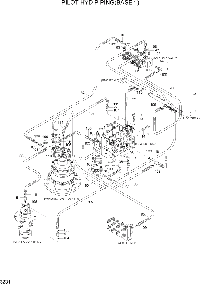 Схема запчастей Hyundai R290LC7H - PAGE 3231 PILOT HYD PIPING(BASE 1) ГИДРАВЛИЧЕСКАЯ СИСТЕМА