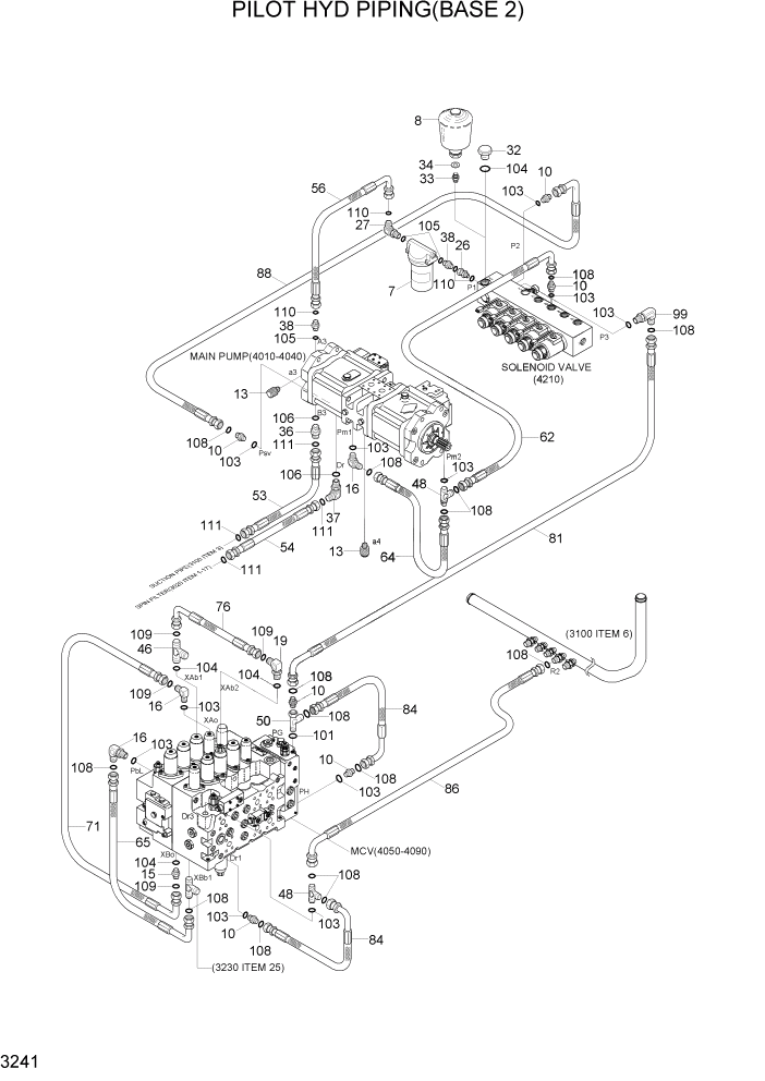 Схема запчастей Hyundai R290LC7H - PAGE 3241 PILOT HYD PIPING(BASE 2) ГИДРАВЛИЧЕСКАЯ СИСТЕМА