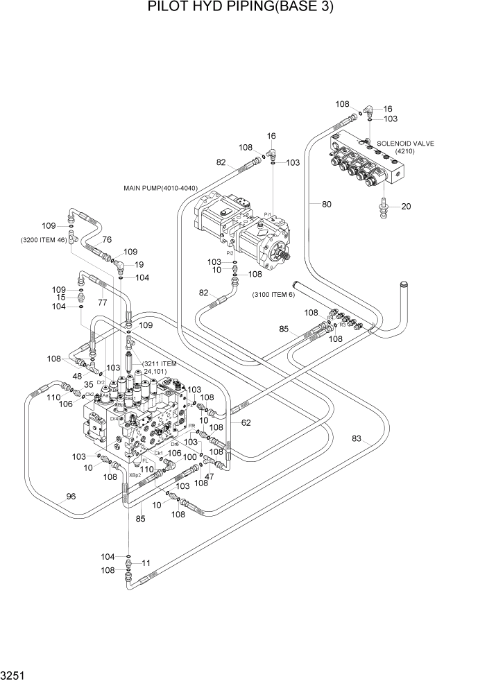 Схема запчастей Hyundai R290LC7H - PAGE 3251 PILOT HYD PIPING(BASE 3) ГИДРАВЛИЧЕСКАЯ СИСТЕМА