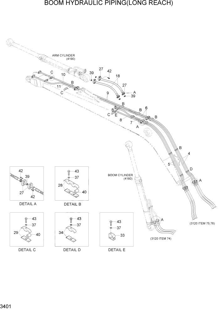 Схема запчастей Hyundai R290LC7H - PAGE 3401 BOOM HYDRAULIC PIPING(LONG REACH) ГИДРАВЛИЧЕСКАЯ СИСТЕМА