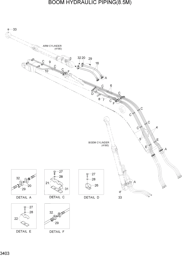 Схема запчастей Hyundai R290LC7H - PAGE 3403 BOOM HYDRAULIC PIPING(8.5M) ГИДРАВЛИЧЕСКАЯ СИСТЕМА