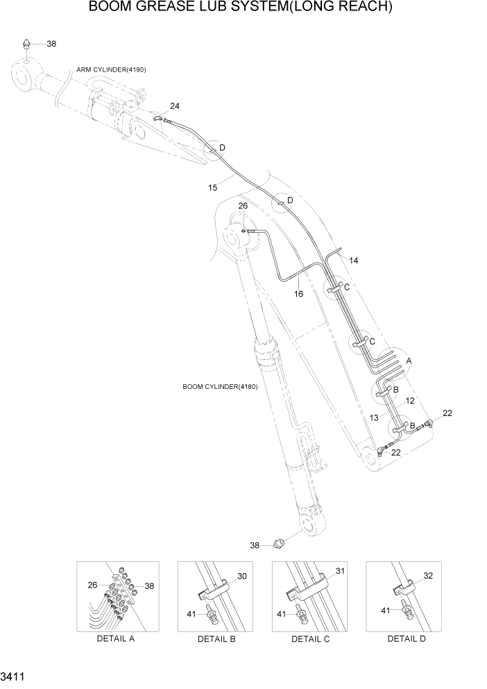 Схема запчастей Hyundai R290LC7H - PAGE 3411 BOOM GREASE LUB SYSTEM(LONG REACH) ГИДРАВЛИЧЕСКАЯ СИСТЕМА