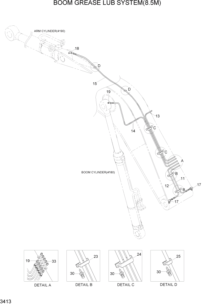 Схема запчастей Hyundai R290LC7H - PAGE 3413 BOOM GREASE LUB SYSTEM(8.5M) ГИДРАВЛИЧЕСКАЯ СИСТЕМА