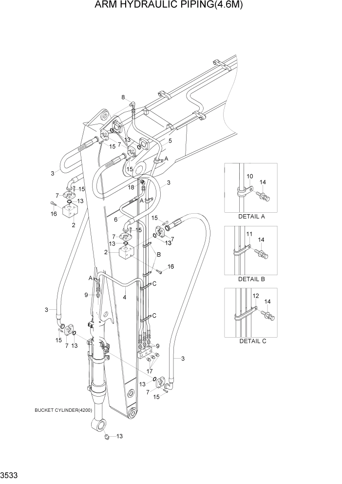 Схема запчастей Hyundai R290LC7H - PAGE 3533 ARM HYDRAULIC PIPING(4.6M) ГИДРАВЛИЧЕСКАЯ СИСТЕМА