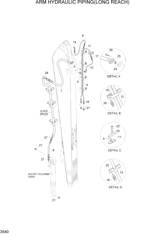 Схема запчастей Hyundai R290LC7H - PAGE 3540 ARM HYDRAULIC PIPING(LONG REACH) ГИДРАВЛИЧЕСКАЯ СИСТЕМА