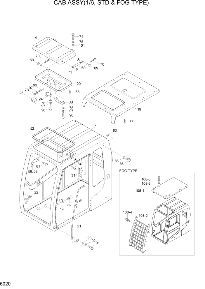 Схема запчастей Hyundai R290LC7H - PAGE 6020 CAB ASSY(1/6, STD & FOG TYPE) СТРУКТУРА