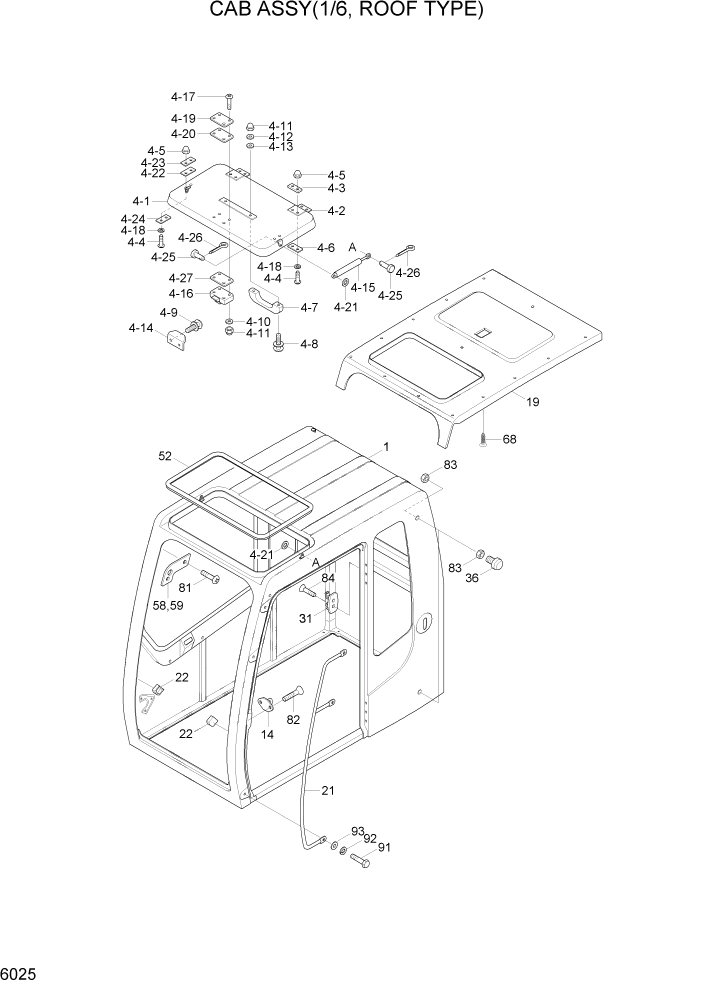 Схема запчастей Hyundai R290LC7H - PAGE 6025 CAB ASSY(1/6, ROOF TYPE) СТРУКТУРА