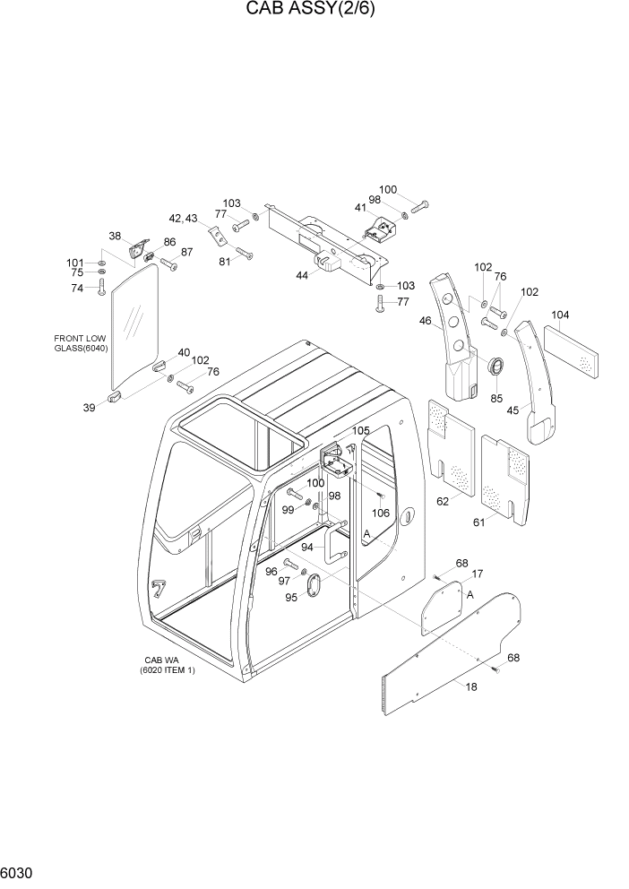 Схема запчастей Hyundai R290LC7H - PAGE 6030 CAB ASSY(2/6) СТРУКТУРА