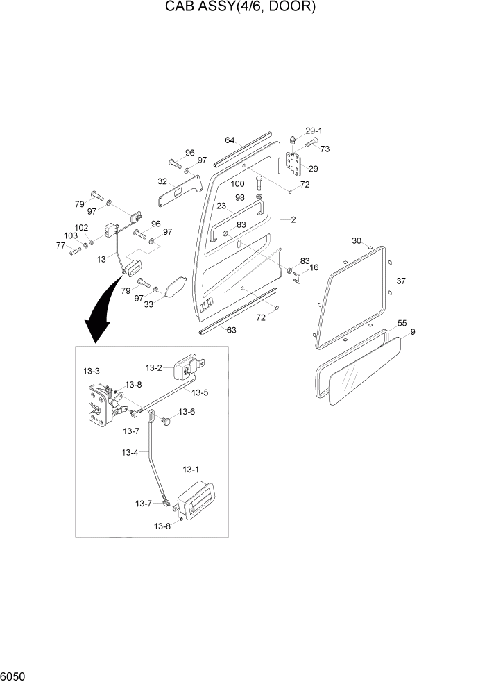 Схема запчастей Hyundai R290LC7H - PAGE 6050 CAB ASSY(4/6, DOOR) СТРУКТУРА