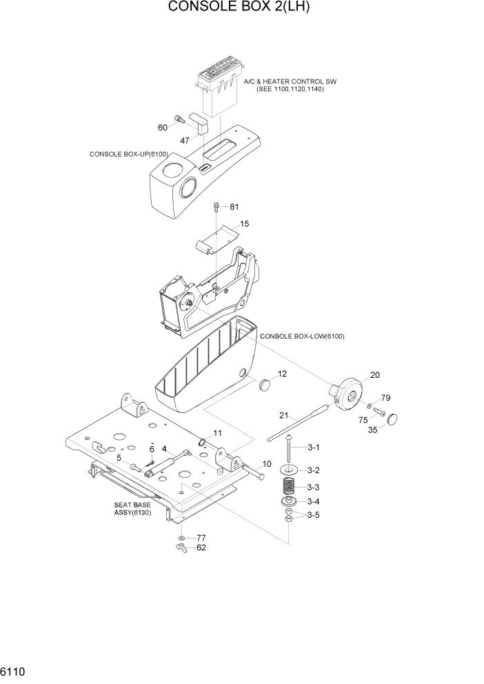 Схема запчастей Hyundai R290LC7H - PAGE 6110 CONSOLE BOX 2(LH) СТРУКТУРА