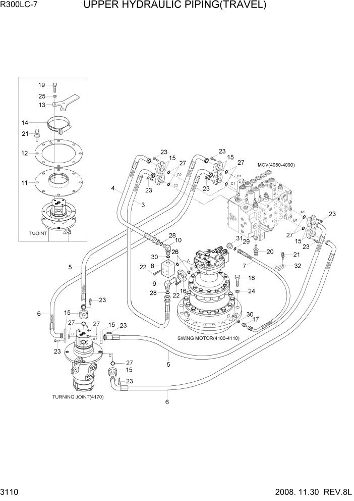 Схема запчастей Hyundai R300LC7 - PAGE 3110 UPPER HYDRAULIC PIPING(TRAVEL) ГИДРАВЛИЧЕСКАЯ СИСТЕМА