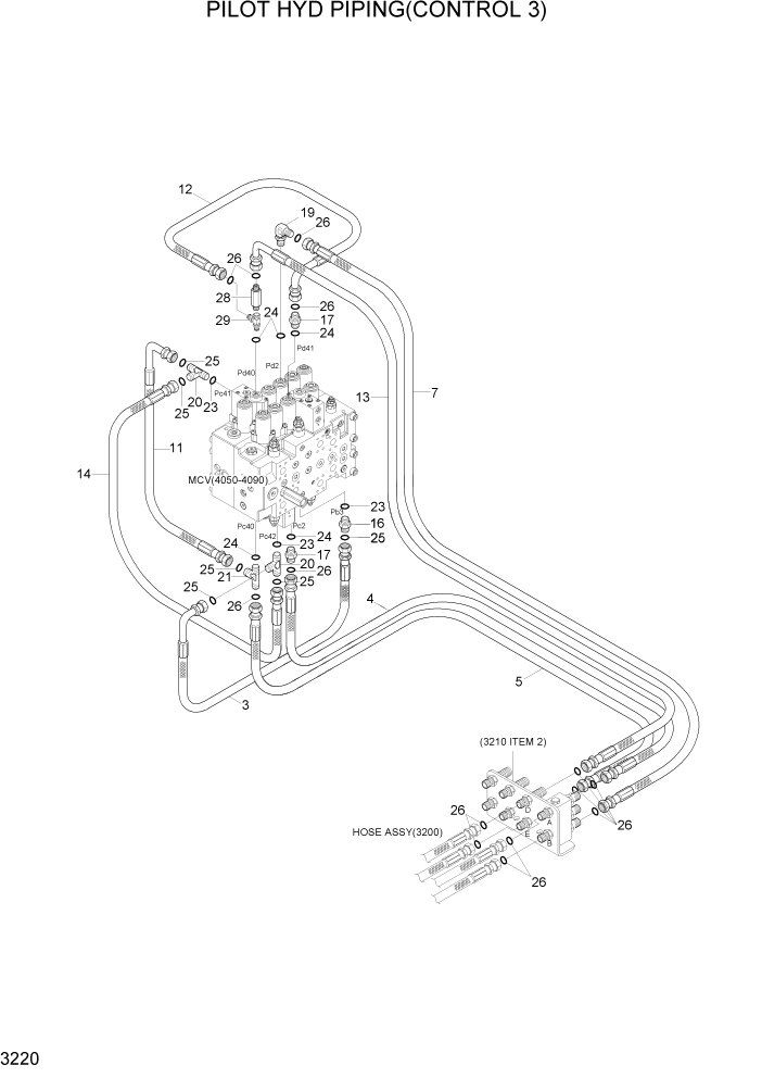 Схема запчастей Hyundai R300LC7 - PAGE 3220 PILOT HYD PIPING(CONTROL 3) ГИДРАВЛИЧЕСКАЯ СИСТЕМА