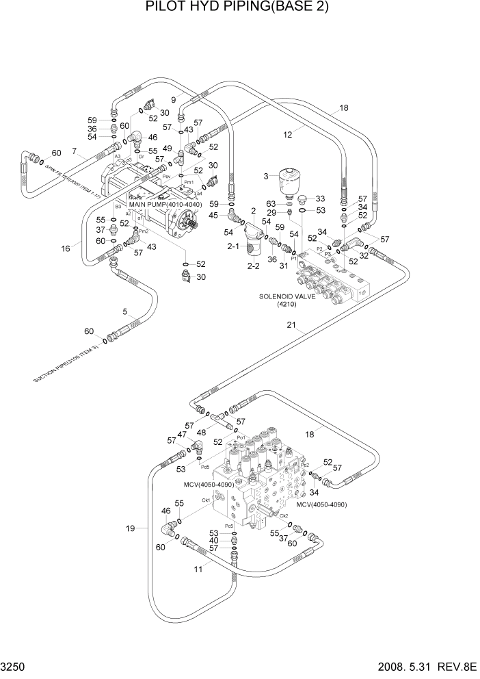 Схема запчастей Hyundai R300LC7 - PAGE 3250 PILOT HYD PIPING(BASE 2) ГИДРАВЛИЧЕСКАЯ СИСТЕМА