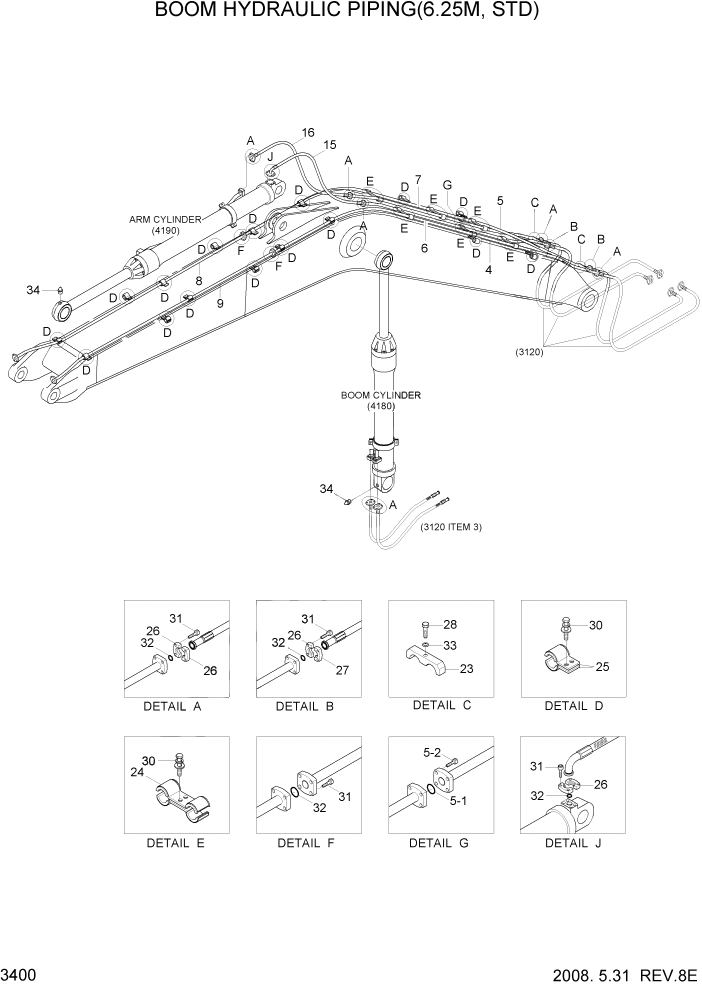 Схема запчастей Hyundai R300LC7 - PAGE 3400 BOOM HYDRAULIC PIPING(6.25M, STD) ГИДРАВЛИЧЕСКАЯ СИСТЕМА