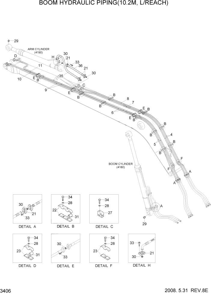 Схема запчастей Hyundai R300LC7 - PAGE 3406 BOOM HYDRAULIC PIPING(10.2M, L/REACH) ГИДРАВЛИЧЕСКАЯ СИСТЕМА