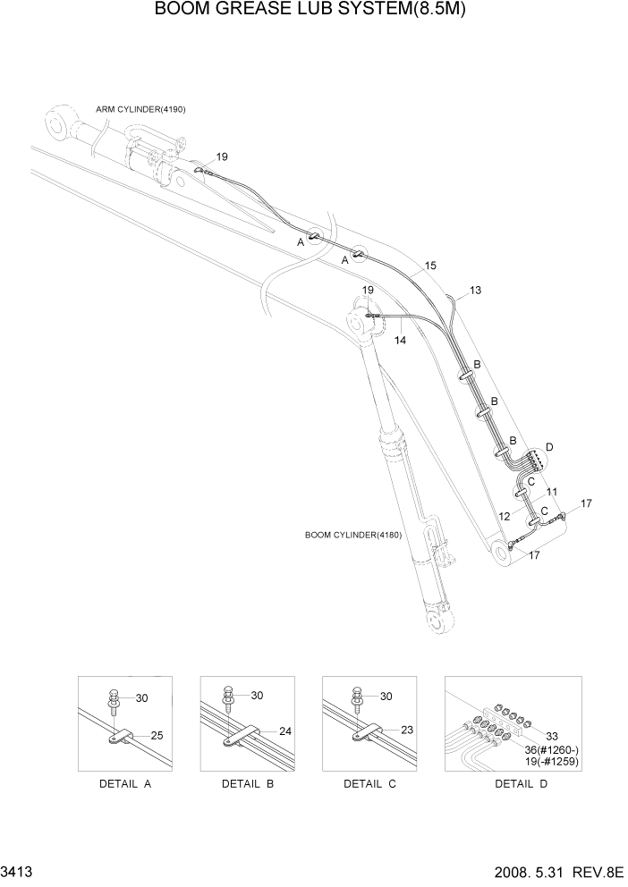 Схема запчастей Hyundai R300LC7 - PAGE 3413 BOOM GREASE LUB SYSTEM(8.5M) ГИДРАВЛИЧЕСКАЯ СИСТЕМА