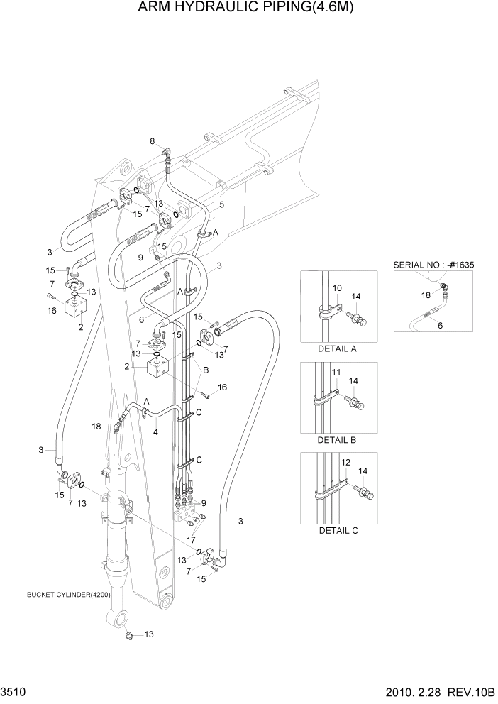 Схема запчастей Hyundai R300LC7 - PAGE 3510 ARM HYDRAULIC PIPING(4.6M) ГИДРАВЛИЧЕСКАЯ СИСТЕМА