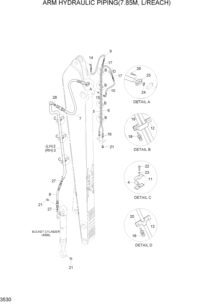 Схема запчастей Hyundai R300LC7 - PAGE 3530 ARM HYDRAULIC PIPING(7.85M, L/REACH) ГИДРАВЛИЧЕСКАЯ СИСТЕМА