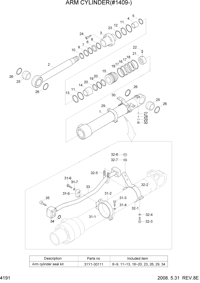 Схема запчастей Hyundai R300LC7 - PAGE 4191 ARM CYLINDER(#1409-) ГИДРАВЛИЧЕСКИЕ КОМПОНЕНТЫ