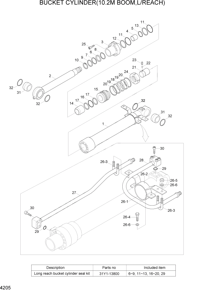 Схема запчастей Hyundai R300LC7 - PAGE 4205 BUCKET CYLINDER(10.2M BOOM, L/REACH) ГИДРАВЛИЧЕСКИЕ КОМПОНЕНТЫ