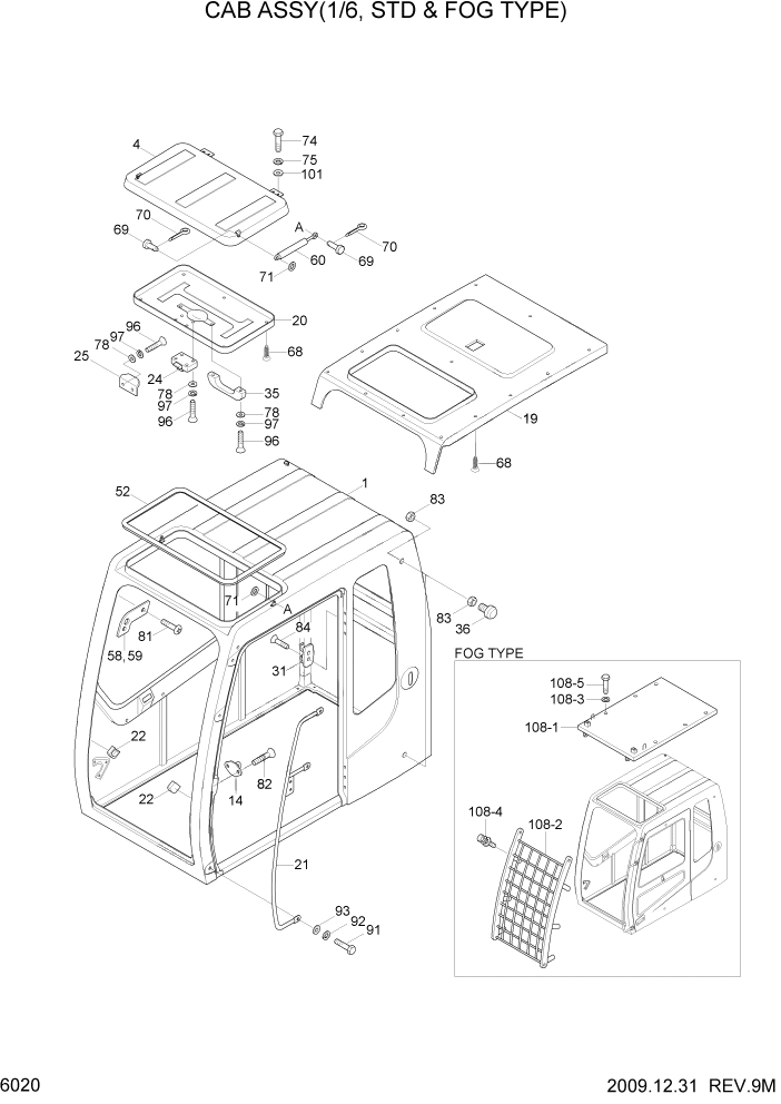 Схема запчастей Hyundai R300LC7 - PAGE 6020 CAB ASSY(1/6, STD & FOG TYPE) СТРУКТУРА