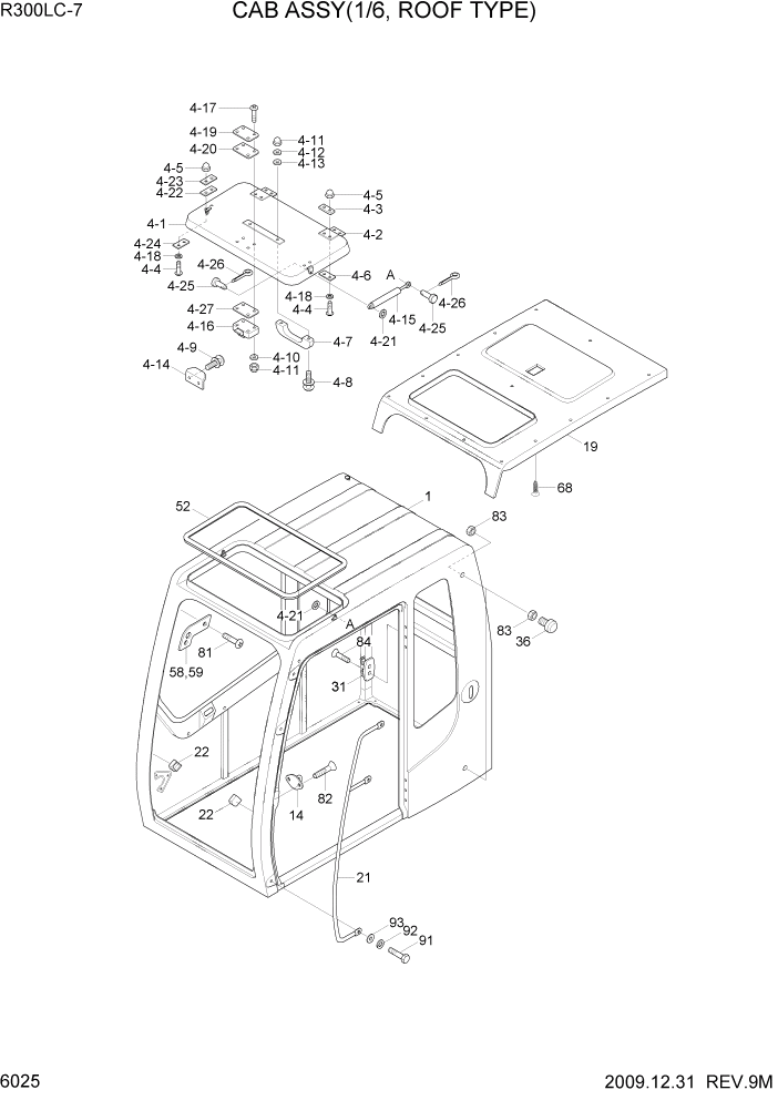 Схема запчастей Hyundai R300LC7 - PAGE 6025 CAB ASSY(1/6, ROOF TYPE) СТРУКТУРА