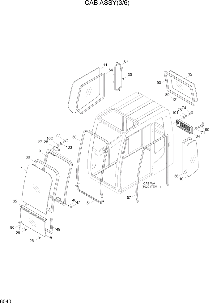 Схема запчастей Hyundai R300LC7 - PAGE 6040 CAB ASSY(3/6) СТРУКТУРА