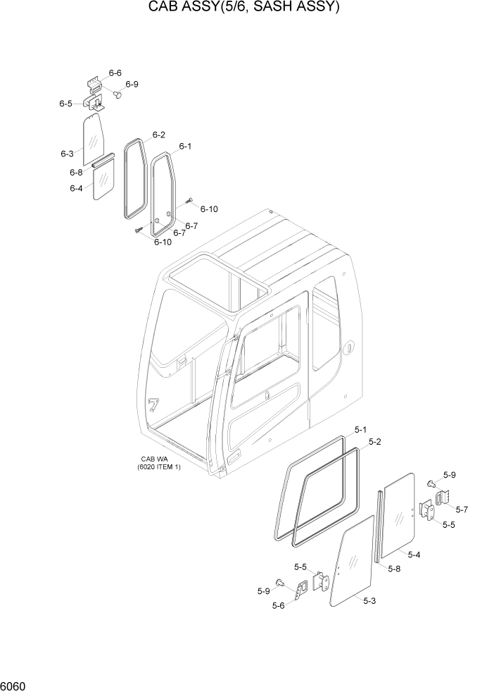 Схема запчастей Hyundai R300LC7 - PAGE 6060 CAB ASSY(5/6, SASH ASSY) СТРУКТУРА