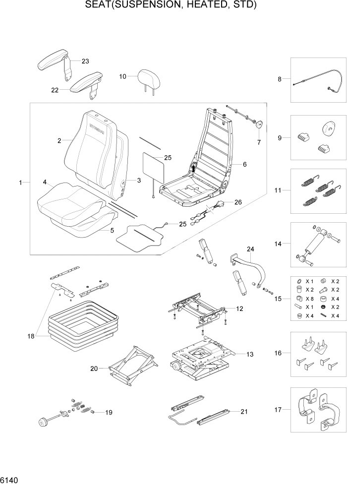 Схема запчастей Hyundai R300LC7 - PAGE 6140 SEAT(SUSPENSION,HEATED, STD) СТРУКТУРА