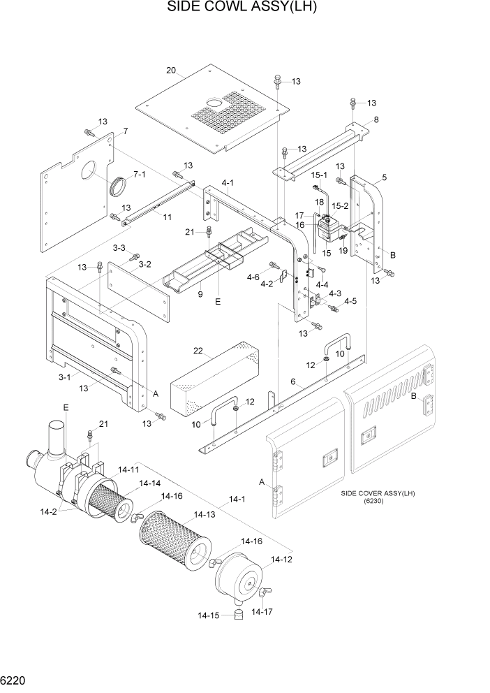 Схема запчастей Hyundai R300LC7 - PAGE 6220 SIDE COWL ASSY(LH) СТРУКТУРА