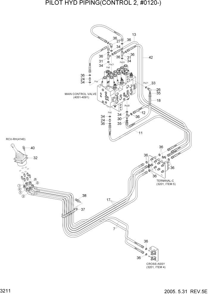 Схема запчастей Hyundai R305LC7 - PAGE 3211 PILOT HYD PIPING(CONTROL 2, #0120-) ГИДРАВЛИЧЕСКАЯ СИСТЕМА