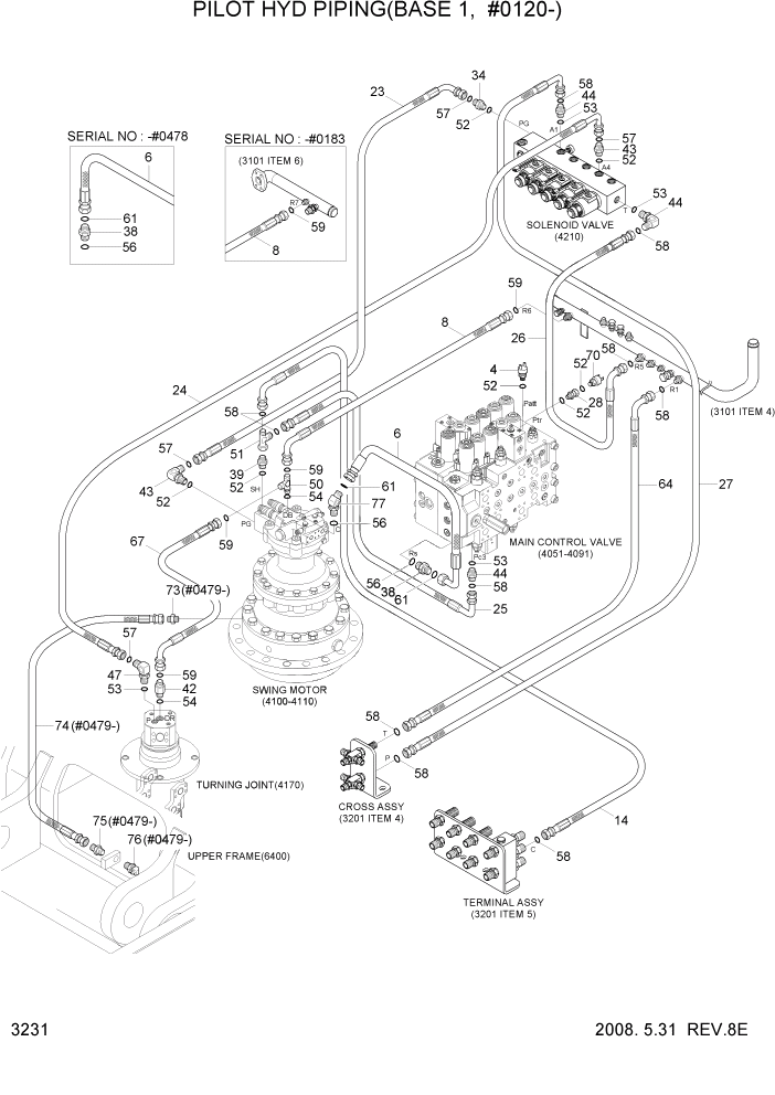 Схема запчастей Hyundai R305LC7 - PAGE 3231 PILOT HYDRAULIC PIPING(BASE 1, #0120-) ГИДРАВЛИЧЕСКАЯ СИСТЕМА
