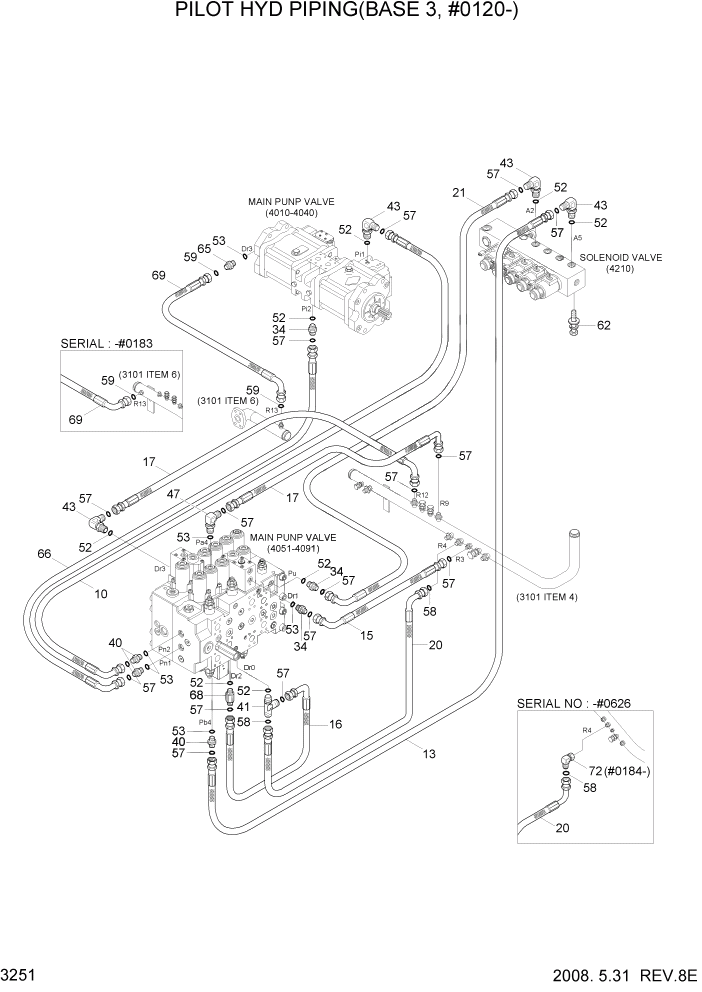 Схема запчастей Hyundai R305LC7 - PAGE 3251 PILOT HYDRAULIC PIPING(BASE 3, #0120-) ГИДРАВЛИЧЕСКАЯ СИСТЕМА