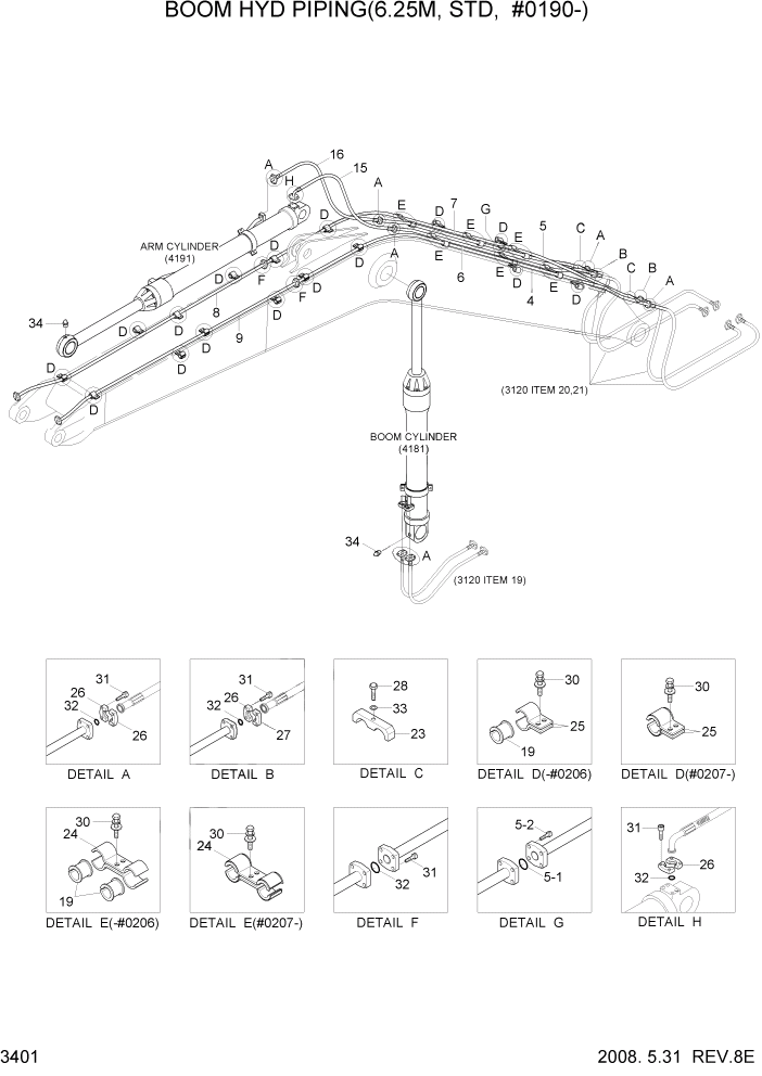 Схема запчастей Hyundai R305LC7 - PAGE 3401 BOOM HYDRAULIC PIPING(6.25M,STD,#0190-) ГИДРАВЛИЧЕСКАЯ СИСТЕМА