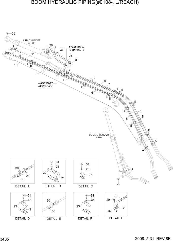 Схема запчастей Hyundai R305LC7 - PAGE 3405 BOOM HYDRAULIC PIPING(#0108-, L/REACH) ГИДРАВЛИЧЕСКАЯ СИСТЕМА