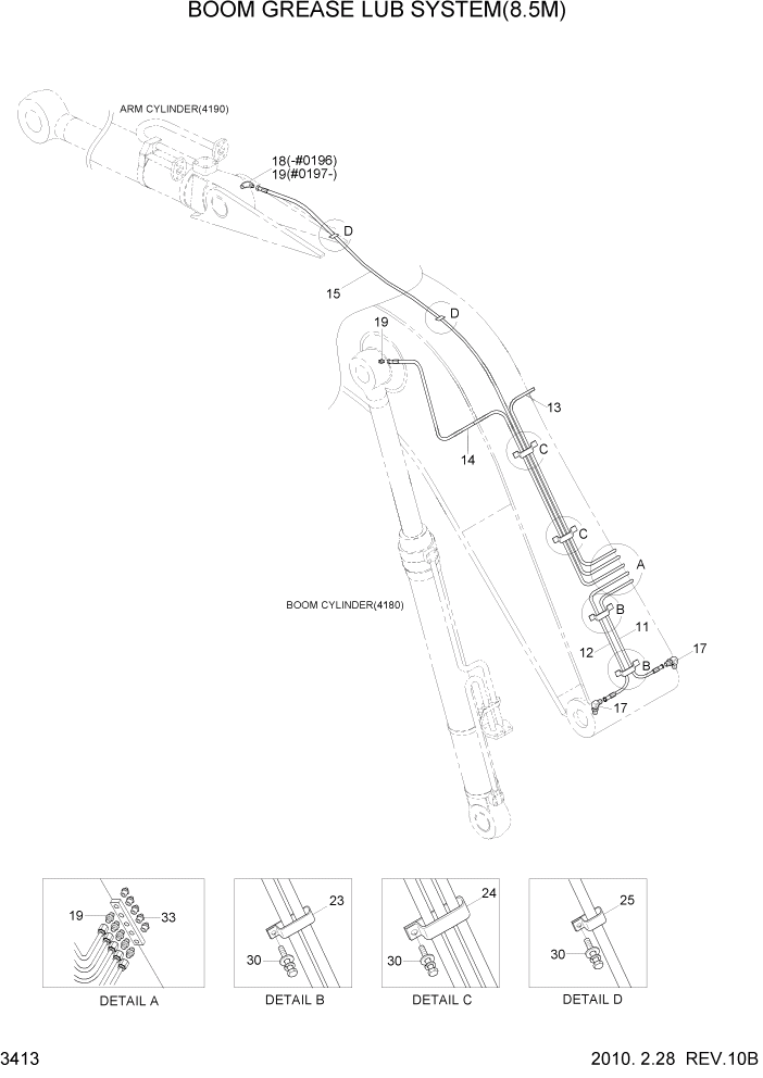 Схема запчастей Hyundai R305LC7 - PAGE 3413 BOOM GREASE LUB SYSTEM(8.5M, #0120-) ГИДРАВЛИЧЕСКАЯ СИСТЕМА