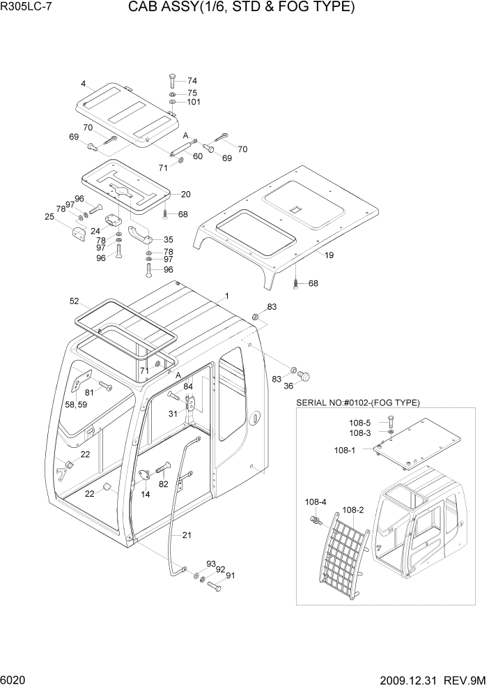 Схема запчастей Hyundai R305LC7 - PAGE 6020 CAB ASSY(1/6, STD & FOG TYPE) СТРУКТУРА