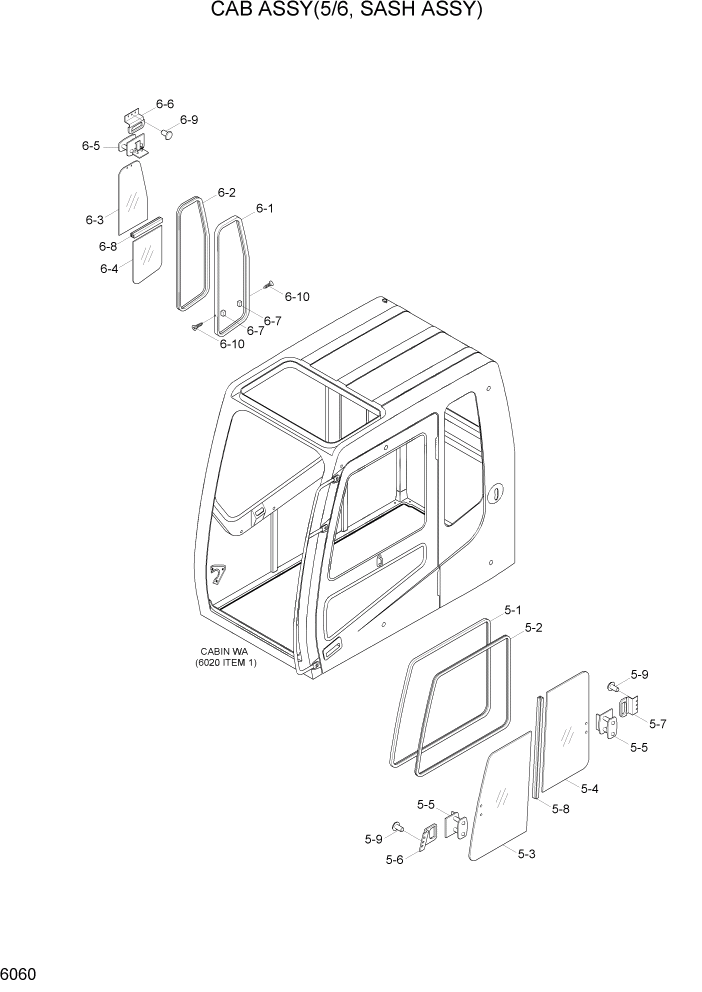 Схема запчастей Hyundai R305LC7 - PAGE 6060 CAB ASSY(5/6, SASH ASSY) СТРУКТУРА