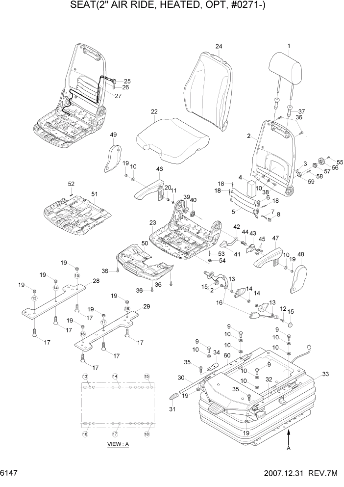 Схема запчастей Hyundai R305LC7 - PAGE 6147 SEAT(2"AIR RIDE, HEATED, OPT, #0271-) СТРУКТУРА