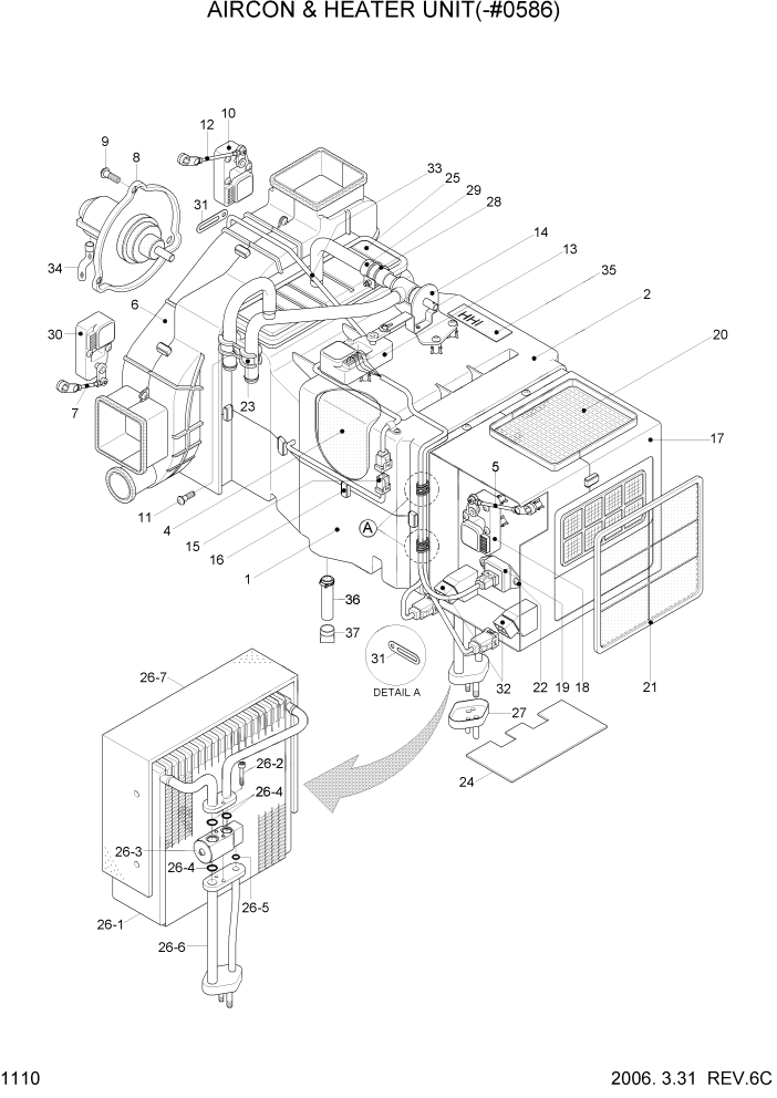 Схема запчастей Hyundai R320LC7 - PAGE 1110 AIRCON & HEATER UNIT(-#0586) СИСТЕМА ДВИГАТЕЛЯ