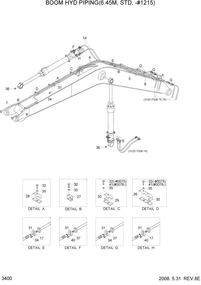 Схема запчастей Hyundai R320LC7 - PAGE 3400 BOOM HYD PIPING(6.45M, STD, -#1215) ГИДРАВЛИЧЕСКАЯ СИСТЕМА